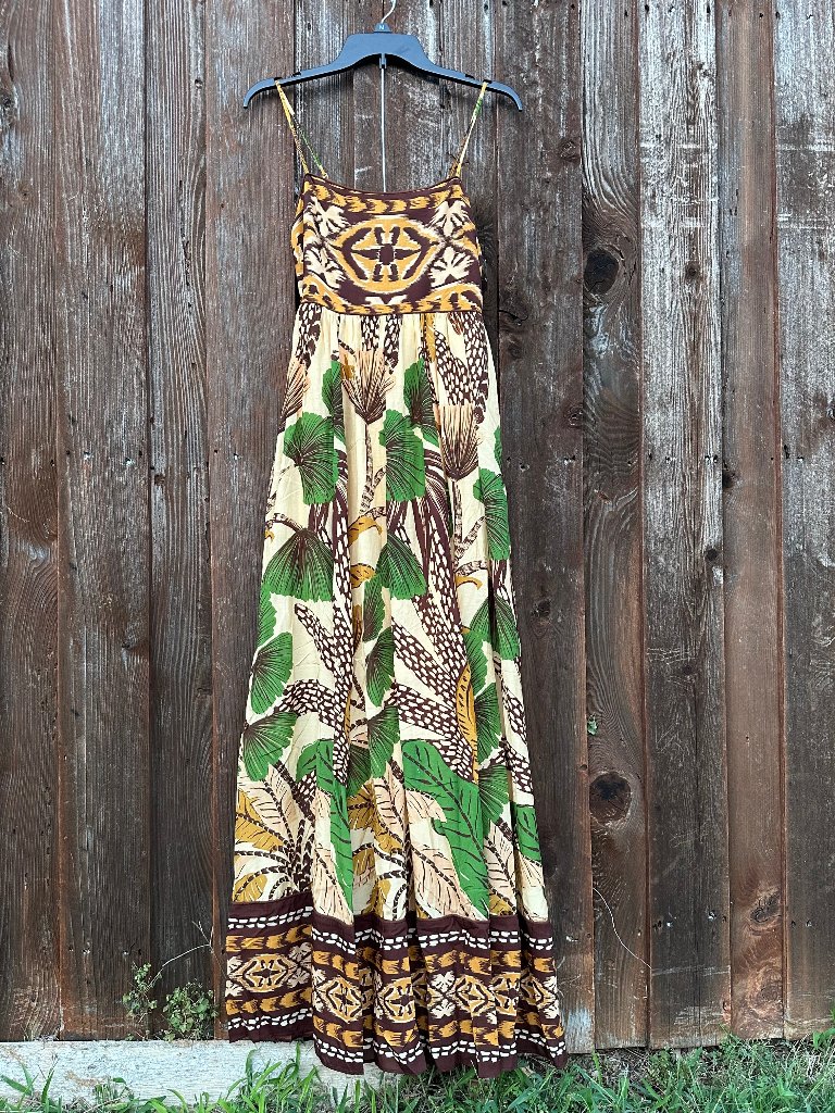 Farm Rio Tropical Foliage Print Maxi Dress Smocked Back Boho Resort Size M